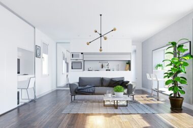 Modern living room featuring smart home devices like a thermostat, smart lighting, and a voice-activated smart hub.