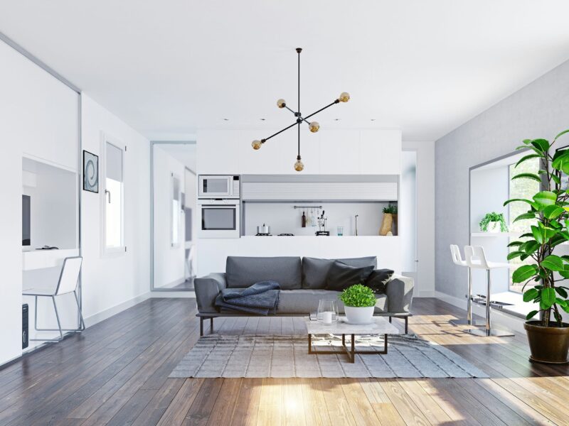 Modern living room featuring smart home devices like a thermostat, smart lighting, and a voice-activated smart hub.